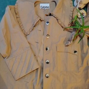 Ganni Khaki Jacket With Frill Collar